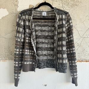 Plaid Cardigan Sweater Fringe Neutral Brown Cropped Womens S Cabi Scandi Cozy‎